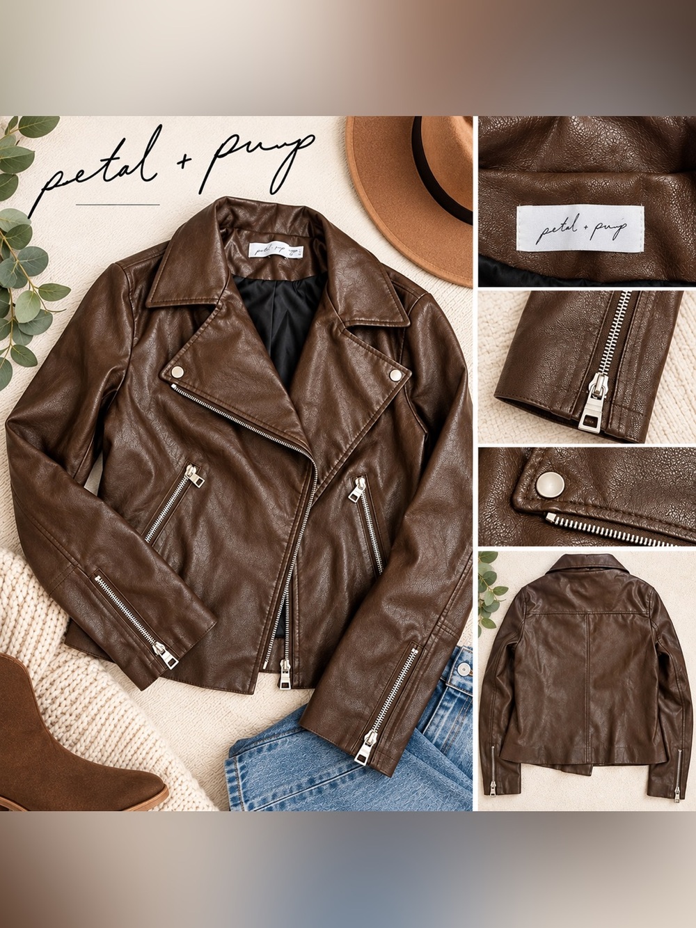 Petal + Pup Chocolate Brown Faux Leather Moto Jacket Size 10